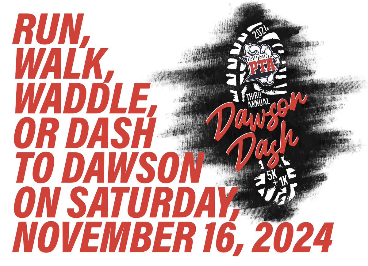 dawson_pta's tweet photo. 3rd annual DAWSON DASH 5K &amp; 1K is Saturday, Nov. 16, 2024, at Glenda Dawson High School. NOW is the time to register your spot, sign up to volunteer, and add your company as a SPONSOR to this community-wide, family friendly event at https://t.co/3MWwj5au4Y https://t.co/lS95nhqUI6