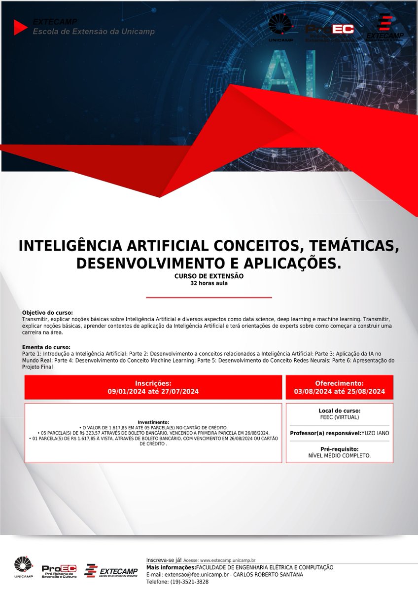 FEECUnicamp's tweet photo. Venha fazer o curso de IA - Inteligência Artificial da Unicamp/Extecamp!
Uma área de grande crescimento!
Aproveite valores/descontos!
Afinal as inscrições encerram em 24 de Agosto de 2024.
Link para maiores informações:
https://t.co/zE7dz2CpC8 https://t.co/8EYZV2b7eO