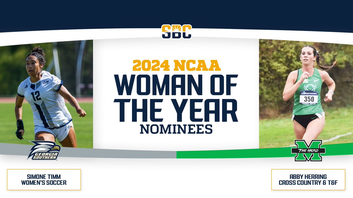 𝗡𝗖𝗔𝗔 𝗪𝗢𝗠𝗔𝗡 𝗢𝗙 𝗧𝗛𝗘 𝗬𝗘𝗔𝗥.

<a href="/GSAthletics_WSO/">Georgia Southern Women's Soccer</a>'s <a href="/simone_timm/">Simone Timm</a> &amp; <a href="/HerdTFXC/">Marshall TF/XC</a>'s <a href="/abbyherrring/">Abby Herring</a> named the Sun Belt nominees for the 2024 <a href="/NCAA/">NCAA</a> Woman of the Year Award. ☀️

📰 » sunbelt.me/3yvFmCe