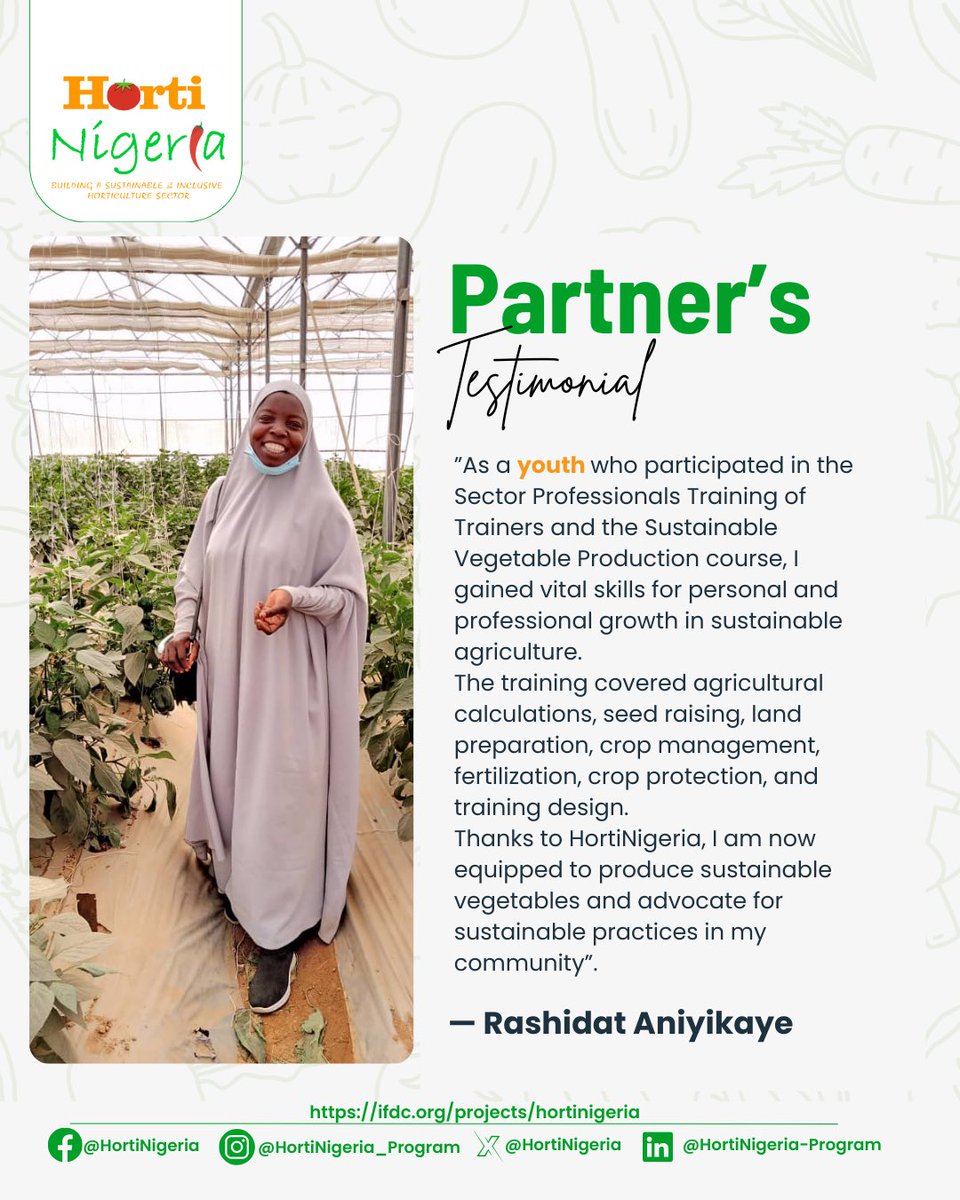 HortiNigeria's tweet image. Spotlighting Rashidat Aniyikaye, a partner who joined the Sector professional training.

As a youth, she’s helping build a sustainable and inclusive horticulture sector in Nigeria! 🇳🇬

Have you read our briefing paper? 

#HortiNigeria #IFDC #EWSKT #WUR #KIT #SectorProfessional