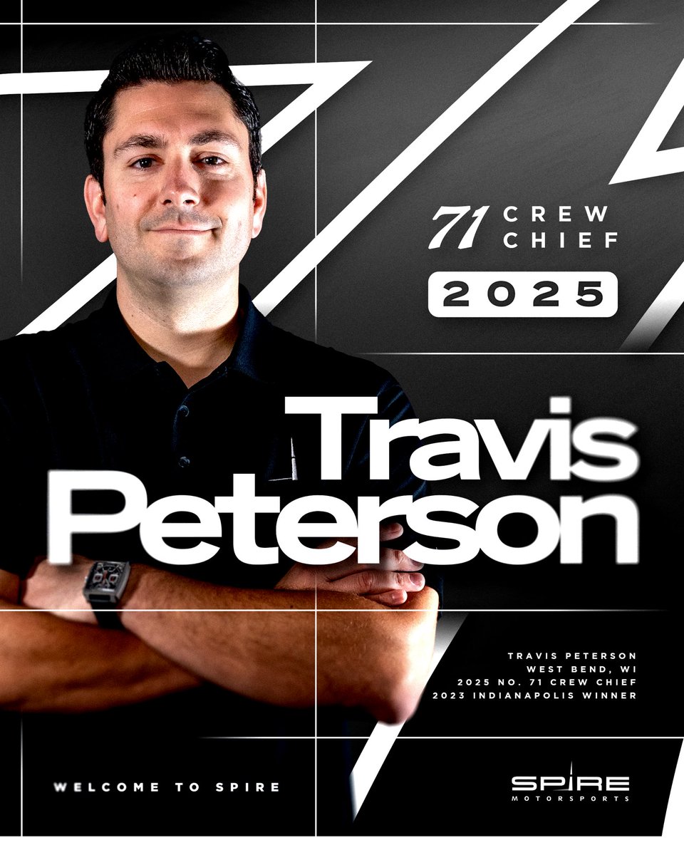SpireMotorsport's tweet photo. Hoping to continue their winning ways.

Travis Peterson will join Spire Motorsports as crew chief of @Mc_Driver’s No. 71 Chevrolet in 2025.

Learn more: https://t.co/jMWxbGzGHi https://t.co/FUS0BfBa5z