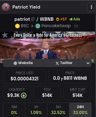 PatriotYield's tweet photo. #PatriotYield is ready for the #Moonshoot we have allocated $ 15,000 for DexScreen Ads so if you want to go 1000x with us now is the time to hop on the #train 🚀 https://t.co/lRKa8zDDKe
