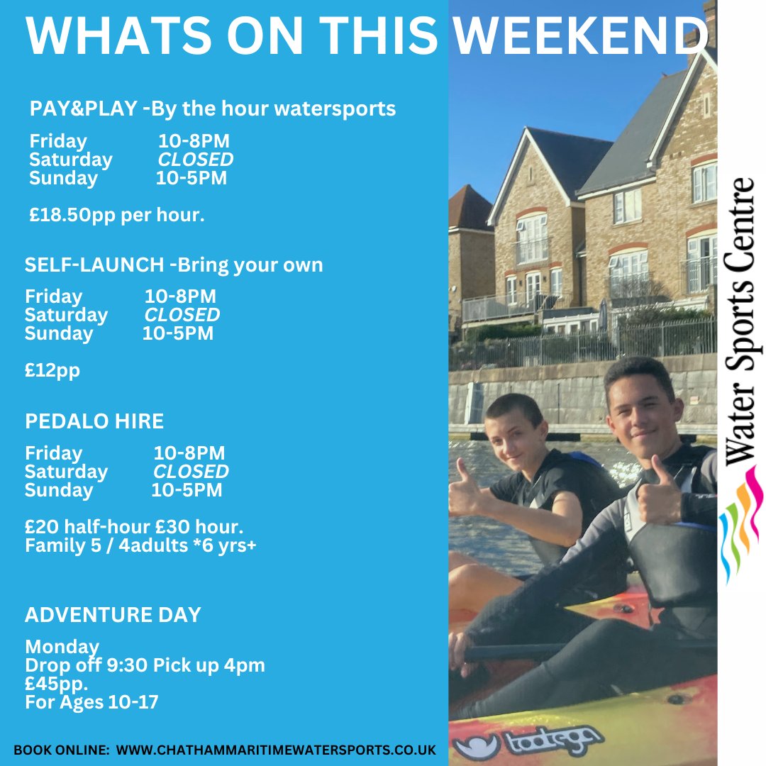 CMTWatersports's tweet photo. Come make a #splash 💦 with us this weekend at our unique #urbanplayground!
Here's what's on......
#paddleboard #kayak #sail #pedalo
 🏄‍♀️🛶⛵🦄🦢
Book online https://t.co/vWvMptY86K https://t.co/h3cXYIVq9U