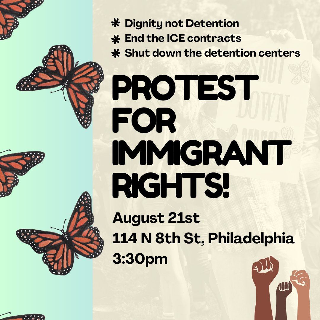 PAimmigrant's tweet photo. ✨📢 ✨📢 Join us on August 21st at 3:30pm for a protest for immigrant rights at the ICE Field Office in Philadelphia (114 N 8th St) ✨📢✨📢
Demand the end of the ICE contracts & #ShutDownMoshannon #ShutDownClinton #ShutDownEDC #ShutDownPike ✊🏻✊🏼✊🏽✊🏾✊🏿 https://t.co/JoZhDBLCC0