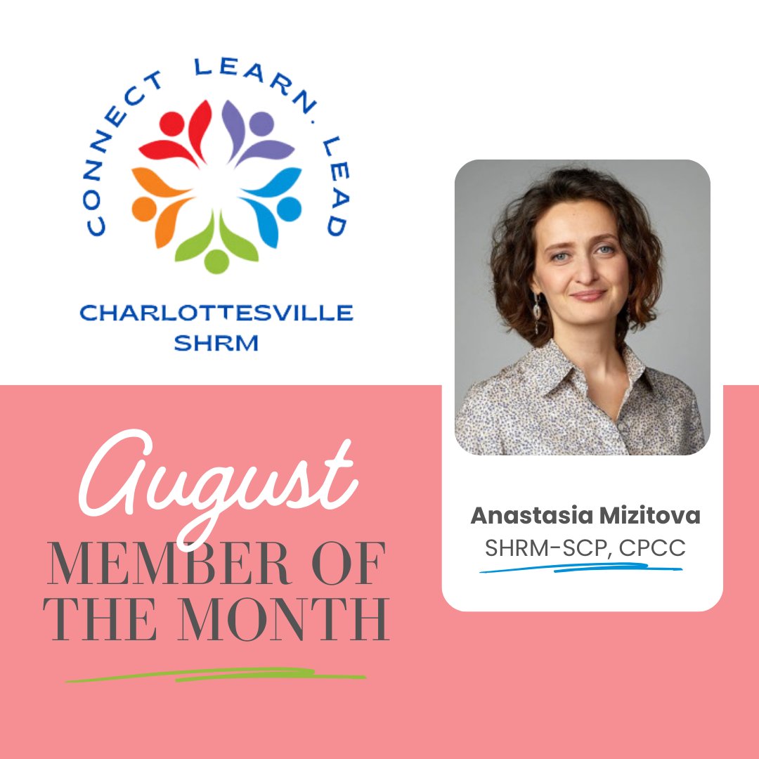 cvilleshrm's tweet photo. 🎉 Congratulations to our August Cville SHRM Member of the Month, Anastasia Mizitova, SHRM-SCP, CPCC! 🎉

#CvilleSHRM #MemberOfTheMonth #SHRM https://t.co/KGSwbit1cq
