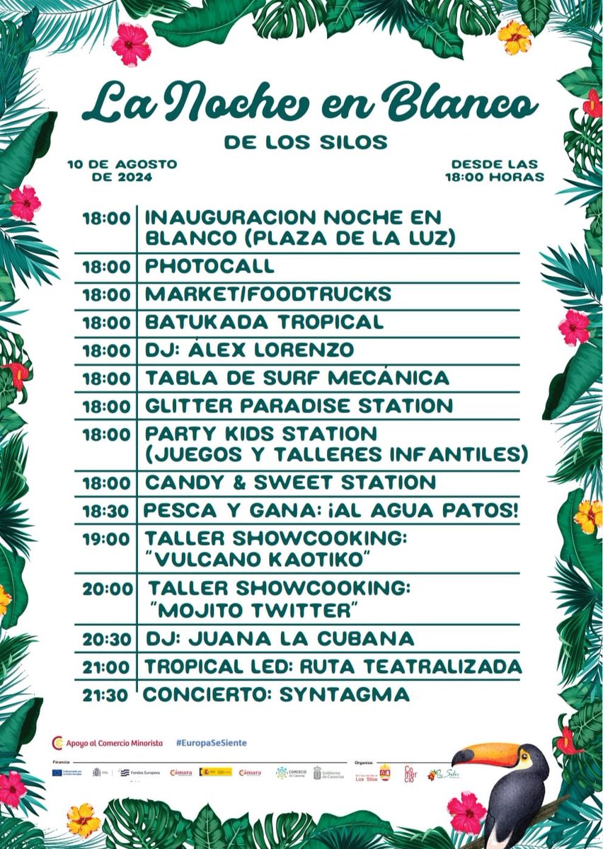 TurismoLosSilos's tweet photo. 📣📣📣 La noche más tropical llega a #LosSilos #islabaja #tenerife #shopping #einkaufgehen #shopuntilyoudrop 

La noche en blanco de Los Silos llenará de música, color y descuentos nuestras calles!

Sábado 10 de agosto
Desde las 18.00 horas

#EuropaSeSiente https://t.co/BJNNv02bxN