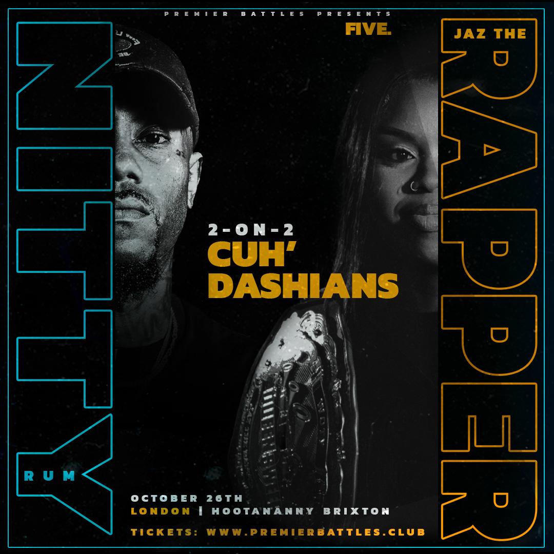 PremierBattle's tweet photo. FIVE. 🔌

@JazTheRapper &amp; @RumNitty make their 2on2 debut as the Cuh'Dashians this October in London.

But WHO! are they facing?

Tickets: https://t.co/jGcSQ67AfA https://t.co/5bCuJl1acy