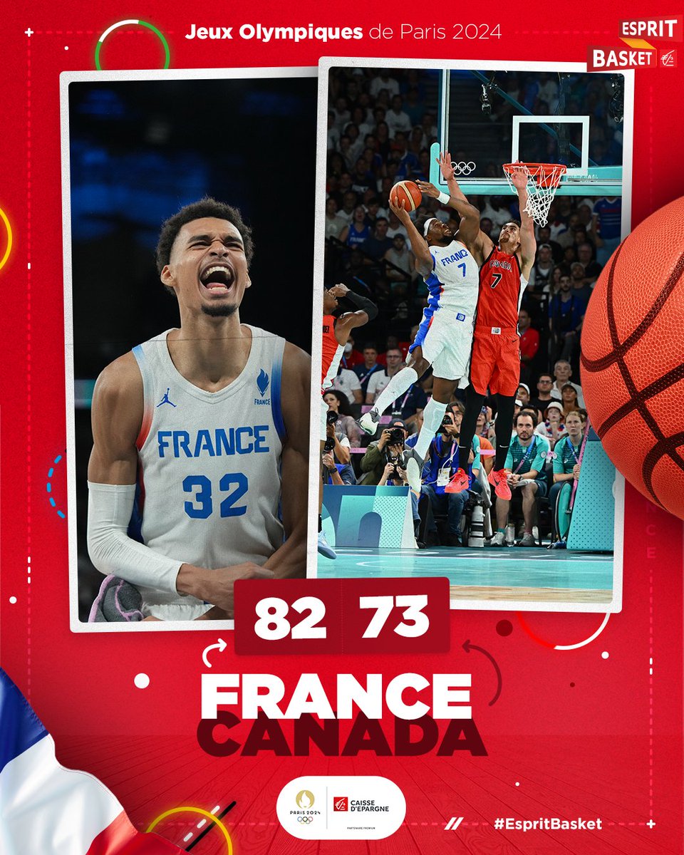 EspritBasket's tweet photo. VICTOIRE 🏆🔥

LES BLEUS VIENNENT A BOUT DE L'OGRE CANADIEN ET PRENNENT LA DIRECTION DE LA DEMI-FINALE !

UNE ENORME MOBILISATION COLLECTIVE, BRAVO LES GARS 💙

#FRACAN 🇫🇷 82 - 73 🇨🇦
#EspritBasket #Paris2024 https://t.co/2kg5SS7rA6