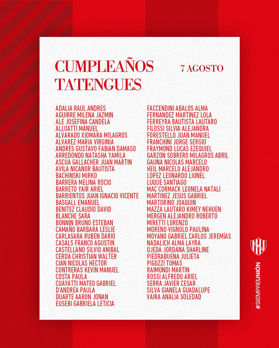 clubaunion's tweet photo. 🎂 Unión saluda a sus socios y socias que cumplen años hoy.
¡Felicidades! 🔴⚪ 
#SociosTatengues #SociasTatengues #CumpleañosTatengues https://t.co/bK9Lc8G8vM