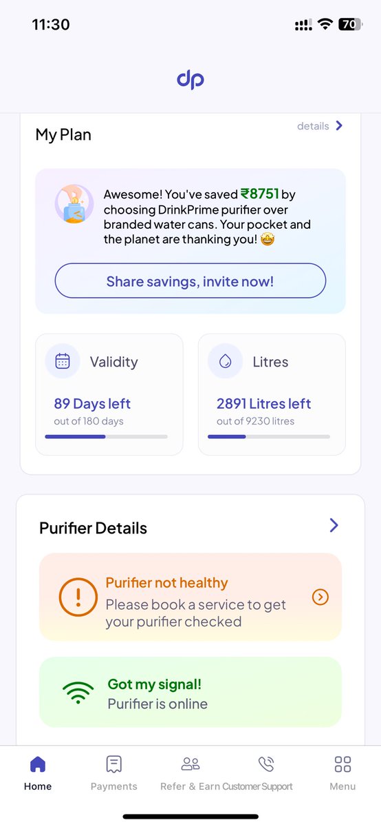 harshvkarn's tweet photo. @DrinkPrime we are 3 people using drink prime. According to this average daily consumption is 69 litres.

ps: purifer is not healthy and I there are no slots available, checking since few days. https://t.co/uCDWyw6wlv