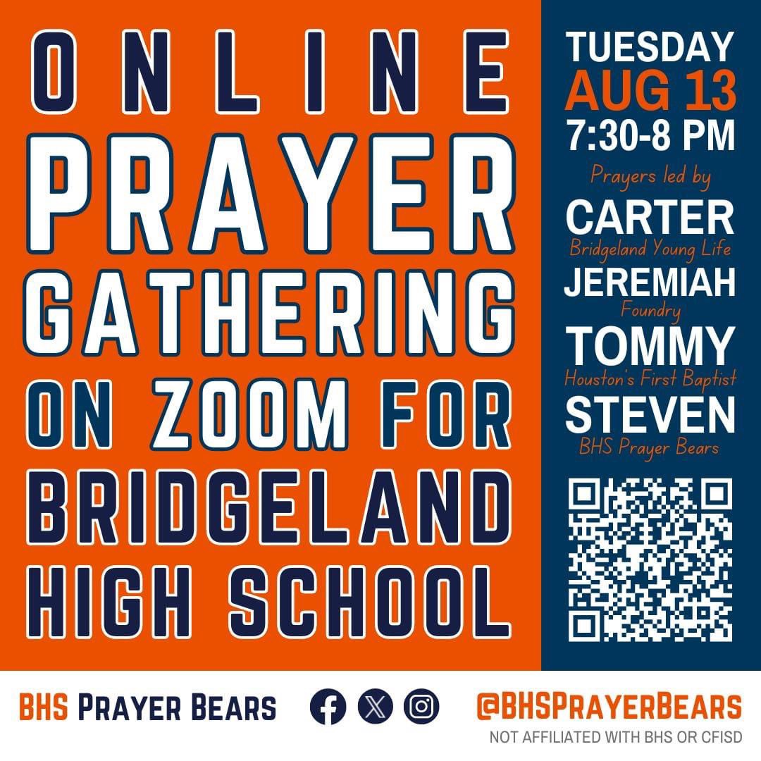 🚨 SPREAD THE WORD! 🚨 Join in for the first-ever Online Prayer Gathering for Bridgeland High School on Tue, Aug 13 @ 7:30-8 pm on Zoom! Let’s start the school year united in Him! #bridgelandbest #wintheday