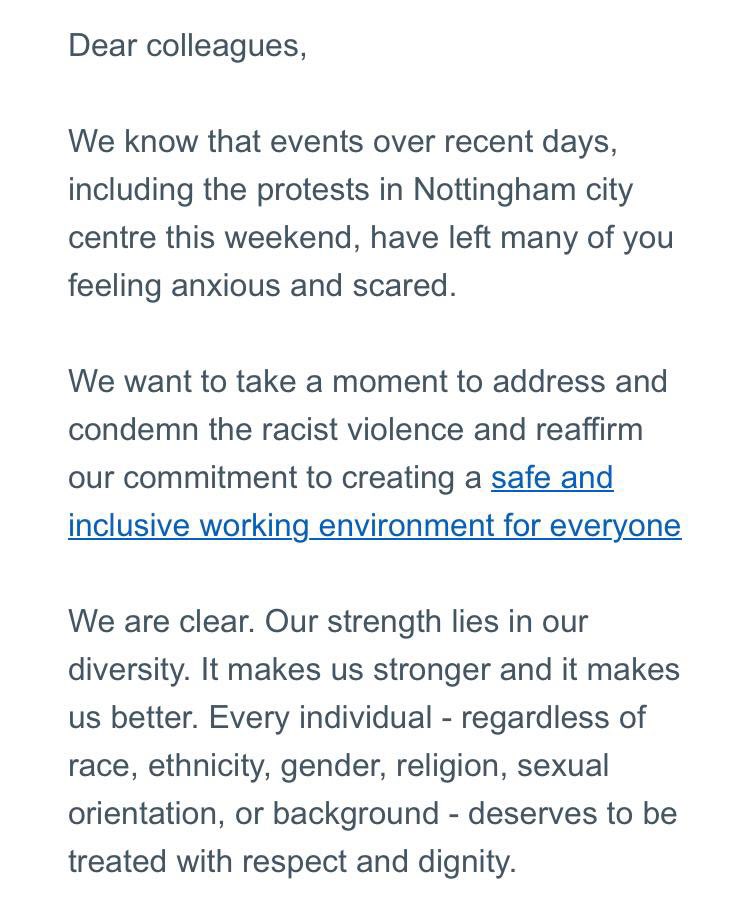 Mark Simmonds (@mjrsimmonds) on Twitter photo Right for <a href="/nottmhospitals/">Nottingham University Hospitals</a> to call out "Racist Violence".
By calling it "Right-wing activism" you risk legitimising and politicising their ignorant bigotry.
Perhaps <a href="/BBCNews/">BBC News (UK)</a> and others would like to follow suit. Right for <a href="/nottmhospitals/">Nottingham University Hospitals</a> to call out "Racist Violence".
By calling it "Right-wing activism" you risk legitimising and politicising their ignorant bigotry.
Perhaps <a href="/BBCNews/">BBC News (UK)</a> and others would like to follow suit.