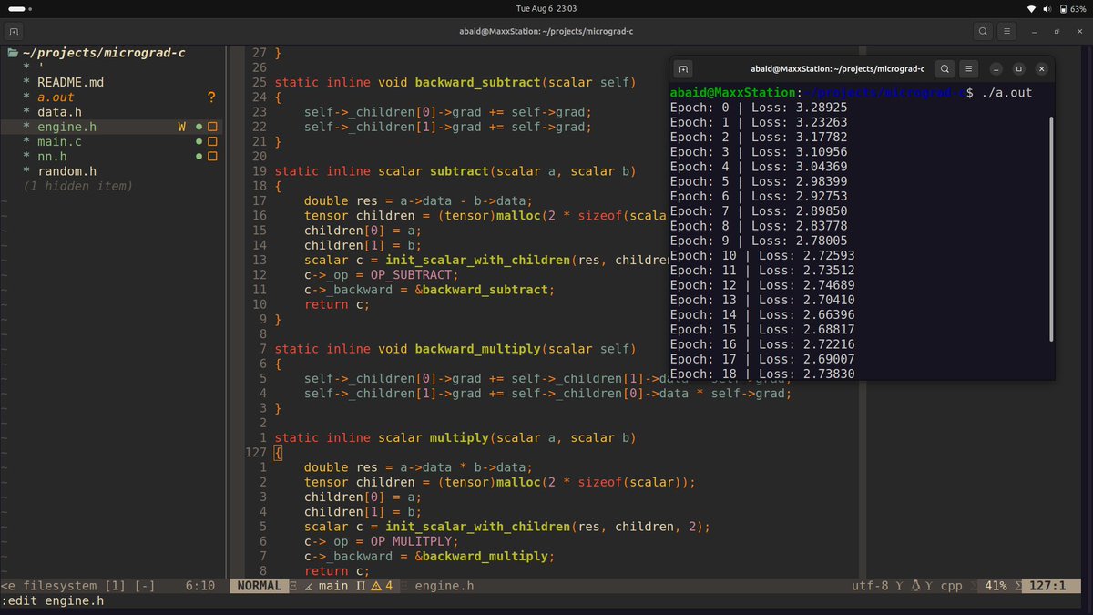 keraslayer's tweet image. Andrej Karpathy's micrograd implemented from scratch in c!
This has been my aim forever to build a tiny auto grad library and i'm so happy to finally be able do it. 🥹
All thanks to @karpathy &lt;3
repo linked in comments