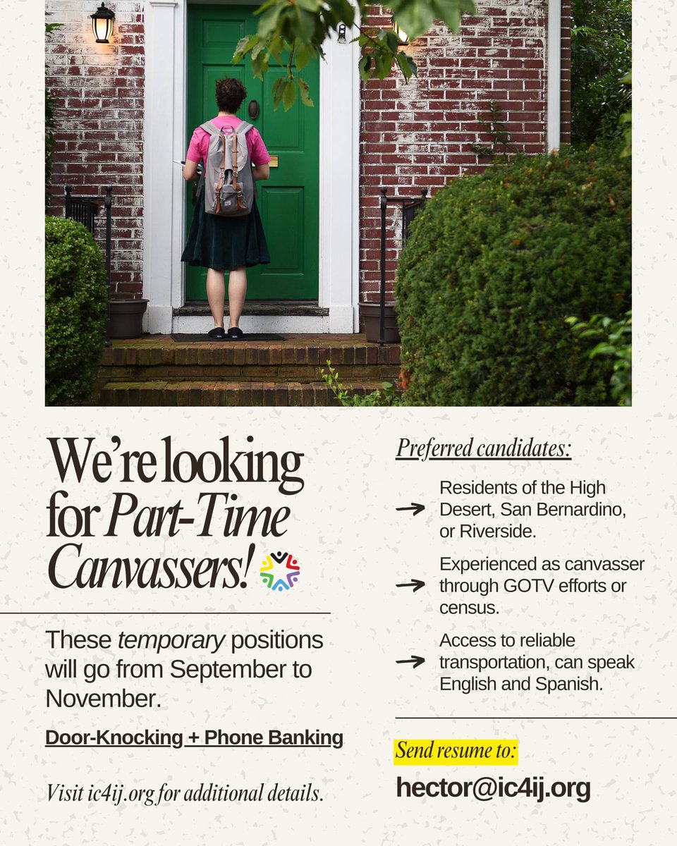 ICIJ is hiring part-time canvassers! 👥📣 Will consist of phone banking and door-knocking. 

Send 📧 resumes to hector@ic4ij.org

Visit 🔗 ic4ij.org/get-involved for more.