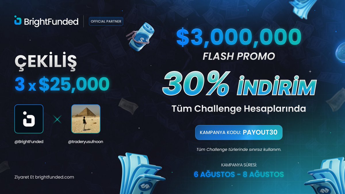 Yusuf | Noon (@traderyusufnoon) on Twitter photo 3M Flash Promo ÇEKİLİŞİ
BrightFunded'ın inanılmaz 3 Milyon Flash Promosyonu onuruna bir #GIVEAWAY düzenliyoruz!
3 Milyon Flash Promosyonuyla Tüm Challengelarda %30 indirimden faydalanabilirsiniz! 🎉
3 x 25.000$ ÇEKİLİŞ
1. Takip Et <a href="/traderyusufnoon/">Yusuf | Noon</a> , <a href="/BrightFundedTR/">BrightFunded - Türkiye</a> 3M Flash Promo ÇEKİLİŞİ
BrightFunded'ın inanılmaz 3 Milyon Flash Promosyonu onuruna bir #GIVEAWAY düzenliyoruz!
3 Milyon Flash Promosyonuyla Tüm Challengelarda %30 indirimden faydalanabilirsiniz! 🎉
3 x 25.000$ ÇEKİLİŞ
1. Takip Et <a href="/traderyusufnoon/">Yusuf | Noon</a> , <a href="/BrightFundedTR/">BrightFunded - Türkiye</a>