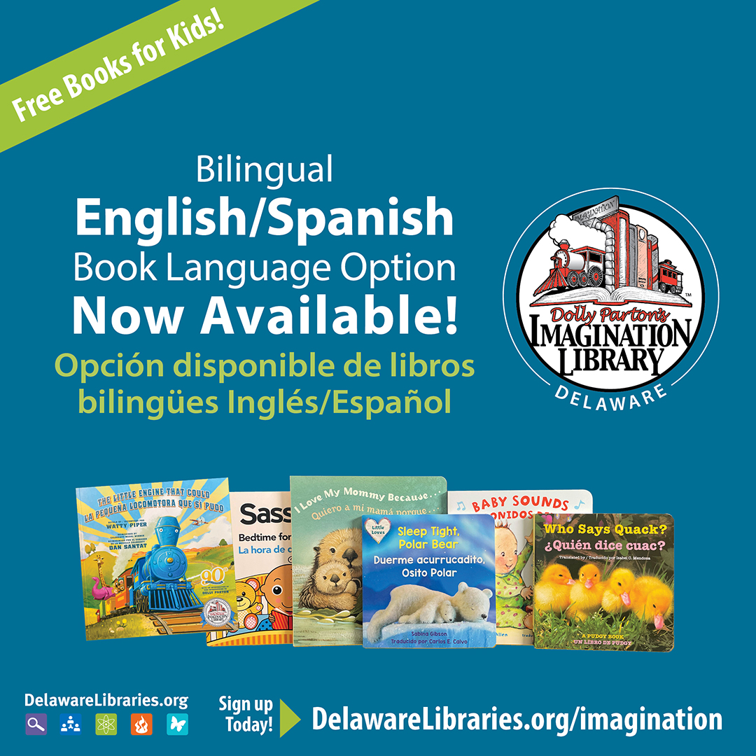 Children from birth up to their 5th birthday receive a FREE book in the mail each month. You can now choose bilingual books! Register today! delawarelibraries.org/imagination |  #netde #delibraries #delawarelibraries