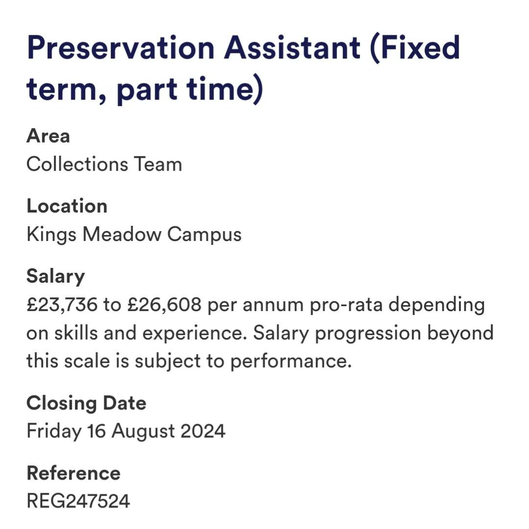 Conservation at University of Lincoln (@uolconservation) on Twitter photo π¨ Job Alert π¨
The University of Nottingham are recruiting a part-time, fixed term Preservation Assistant to join their Manuscript and Special Collections team.
ποΈ Closing date 16 August
π jobs.nottingham.ac.uk/vacancy.aspx?rβ¦
#conservationjobs #heritagejobs #museumjobs π¨ Job Alert π¨
The University of Nottingham are recruiting a part-time, fixed term Preservation Assistant to join their Manuscript and Special Collections team.
ποΈ Closing date 16 August
π jobs.nottingham.ac.uk/vacancy.aspx?rβ¦
#conservationjobs #heritagejobs #museumjobs
