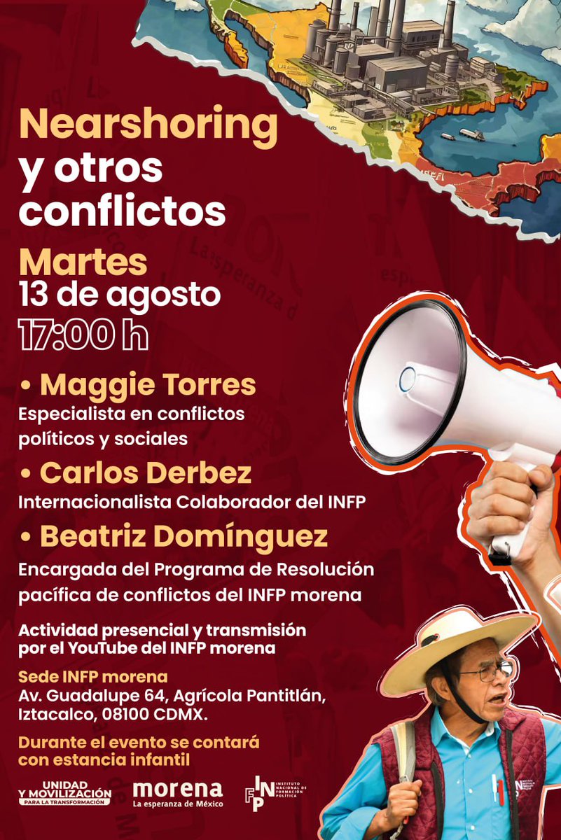 infpmorena's tweet photo. El segundo piso de la 4T que encabezará la Dra. Claudia Sheinbaum tiene una ruta de crecimiento económico y bienestar para pueblo de México.  

Les invitamos a participar en la inauguración de "Diálogos por la paz", para analizar el nearshoring y otros conflictos rumbo a la consolidación del proyecto de transformación. Contaremos con la participación de Maggie Torres, especialista en conflictos políticos y sociales; Carlos Derbez y @BeatrizDomCa, colaboradores del INFP. 

📆 Martes 13 de agosto 
⏰ 17:00 hrs. 
📲 Transmisión canal de youtube INFP.