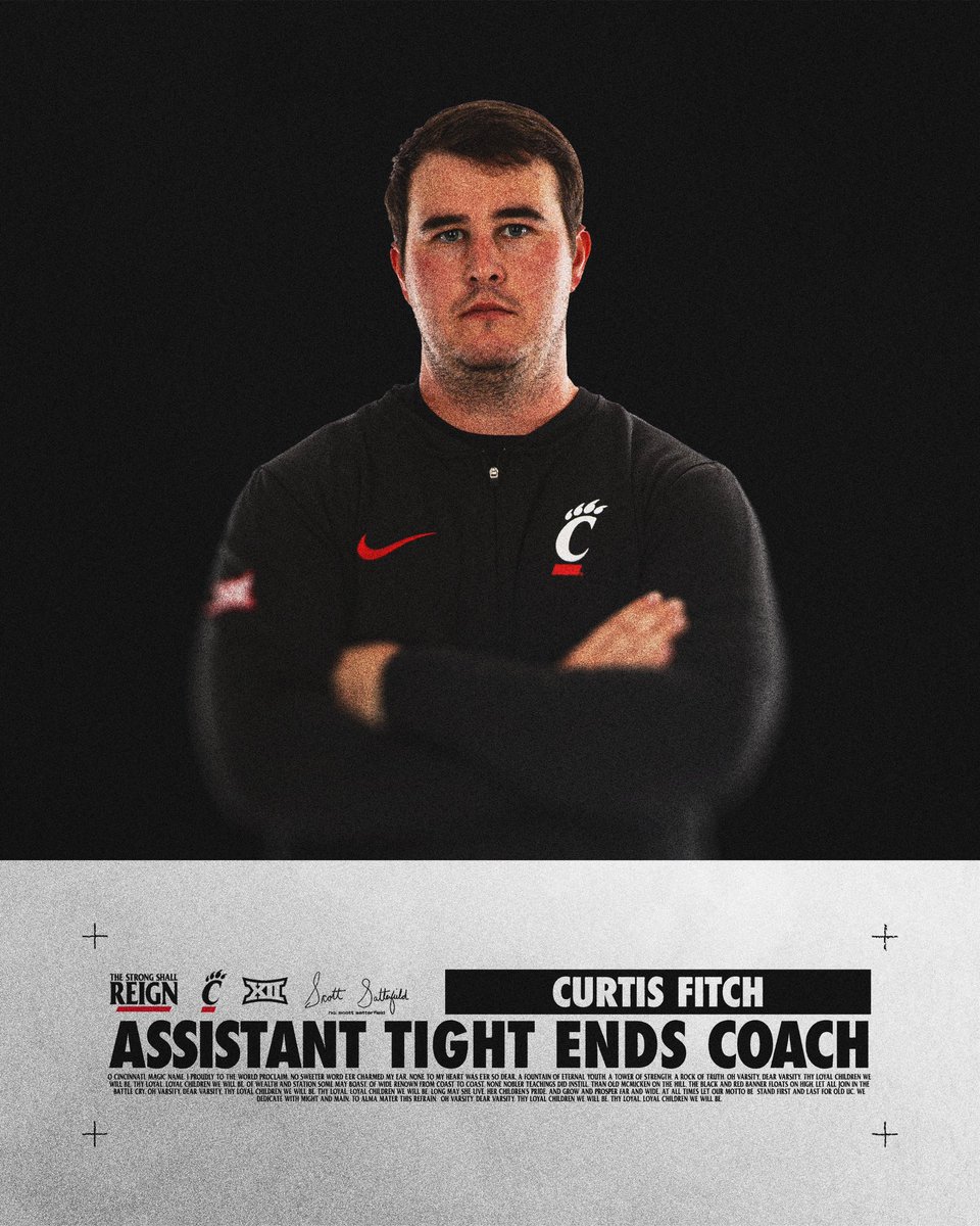Cincinnati Football (@gobearcatsfb) on Twitter photo .<a href="/CoachSattUC/">Coach Satterfield</a> has announced the promotion of <a href="/CoachCFitch17/">Curtis Fitch</a> to Assistant Tight Ends Coach. .<a href="/CoachSattUC/">Coach Satterfield</a> has announced the promotion of <a href="/CoachCFitch17/">Curtis Fitch</a> to Assistant Tight Ends Coach.