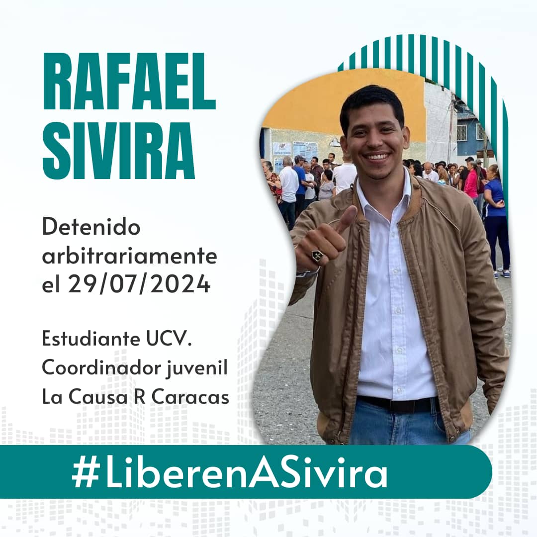 LCRCaracasM's tweet image. A una semana de su arbitraria detención, nuestro compañero  Rafael Sivira, continúa incomunicado, al igual que cientos de jóvenes, sin derecho a la defensa y a la visita, sometidos a tratos crueles y humillantes solo por soñar con un país libre y democrático. #LiberenASivira