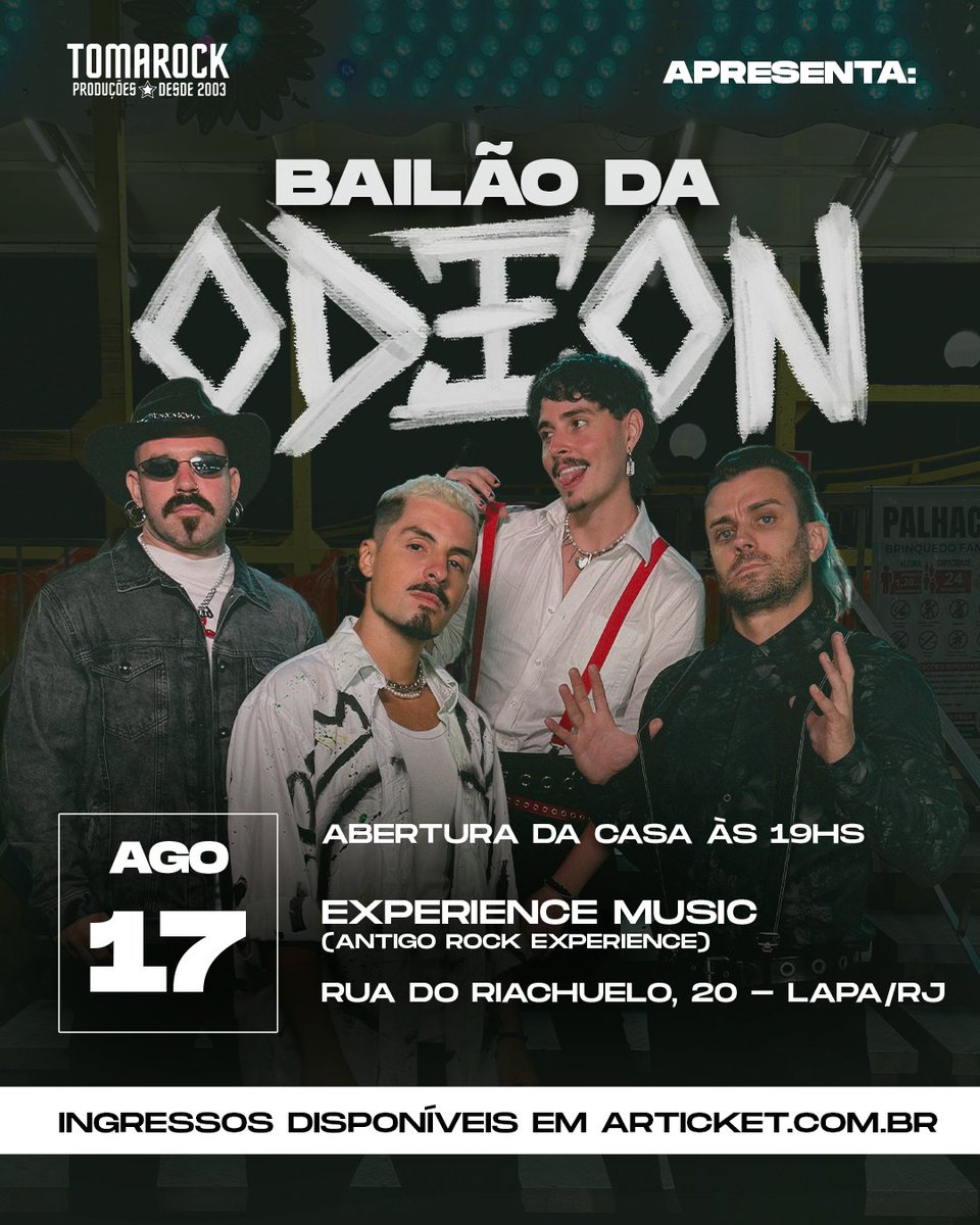 🔥BAILÃO DA ODEON NO RIO DE JANEIRO🔥

Sábado, 17 de agosto no Experience Music tem a Odeon, com um show novo tocando todas as músicas do álbum “game” e todas as novas singles lançadas até o dia do evento.
articket.com.br/e/2213/bailao-…
