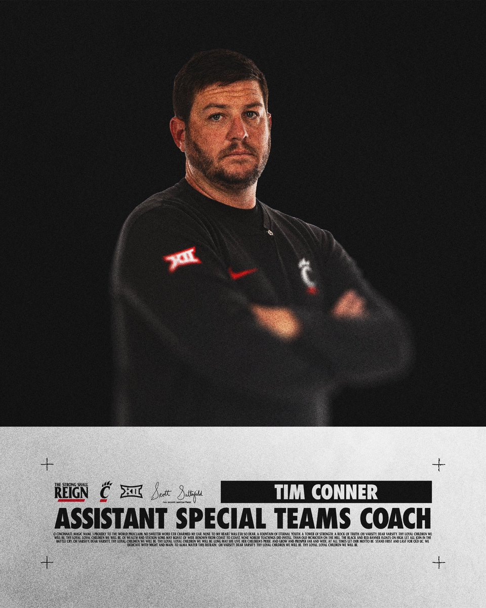 Cincinnati Football (@gobearcatsfb) on Twitter photo .<a href="/CoachSattUC/">Coach Satterfield</a> has announced the promotion of <a href="/Coach_Conner/">Tim Conner</a> to Assistant Special Teams Coach. .<a href="/CoachSattUC/">Coach Satterfield</a> has announced the promotion of <a href="/Coach_Conner/">Tim Conner</a> to Assistant Special Teams Coach.