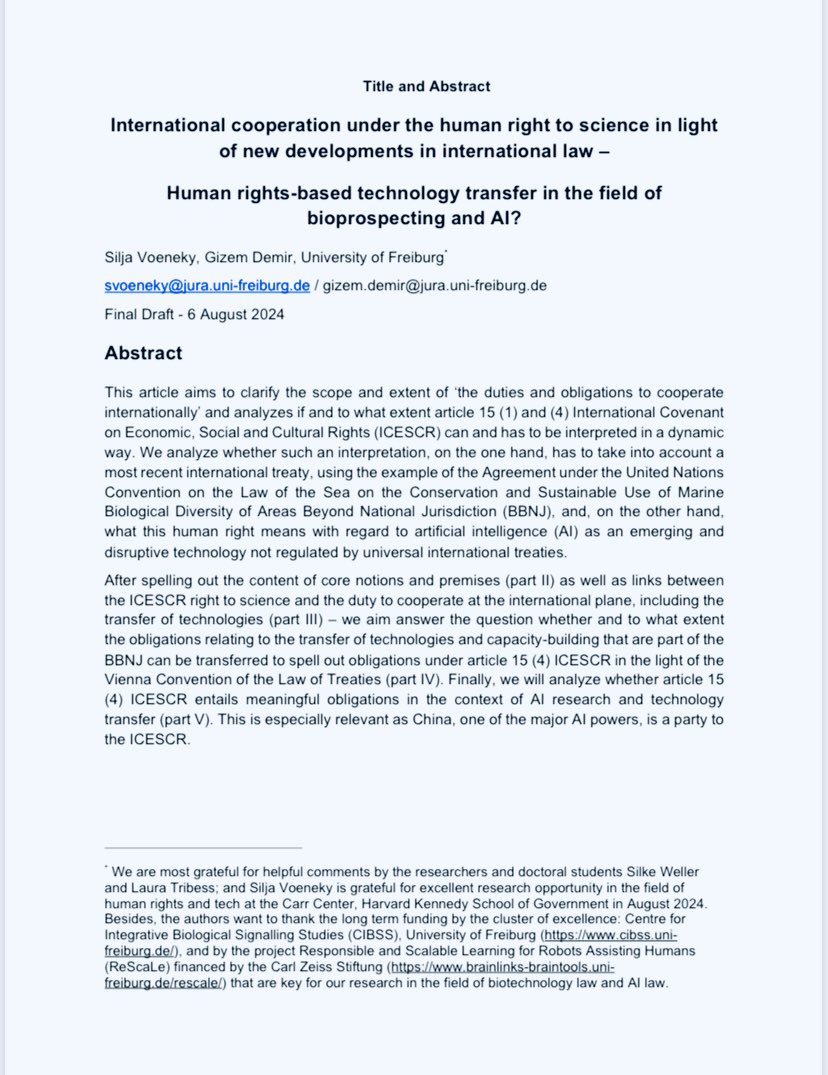 PublicIntLaw's tweet photo. Just handed in our conference paper on #righttoscience #techtransfer in the field
of #biotech and #AI - stressing #opensource AI. Looking forward to conference hosted by @ius_fribourg #SamanthaBesson to discuss in detail! Thank you @CIBSS_UniFR #ReScale and @CarrCenter &amp; my team! https://t.co/gLJ4HHoBb6