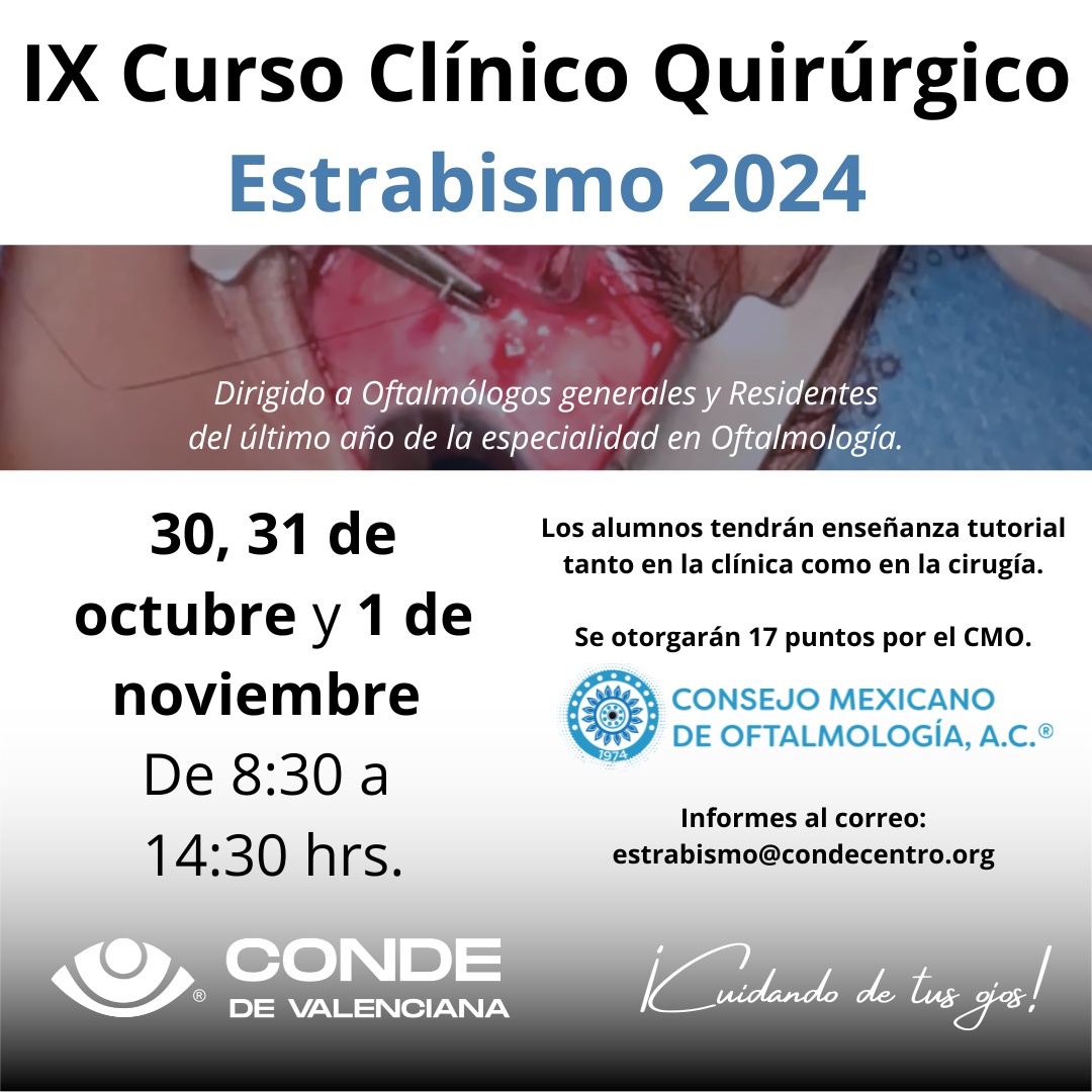 👉 Los alumnos tendrán enseñanza tutorial tanto en la clínica como en la cirugía.

✅ Se otorgarán 17 puntos <a href="/cmoftalmologia_/">Consejo Mexicano de Oftalmología, A.C. ®</a>

Informes: estrabismo@condecentro.org

En el CONDE DE VALENCIANA
cuidamos de tus OJOS 👀

#condedevalenciana #saludvisual #FundacionConde