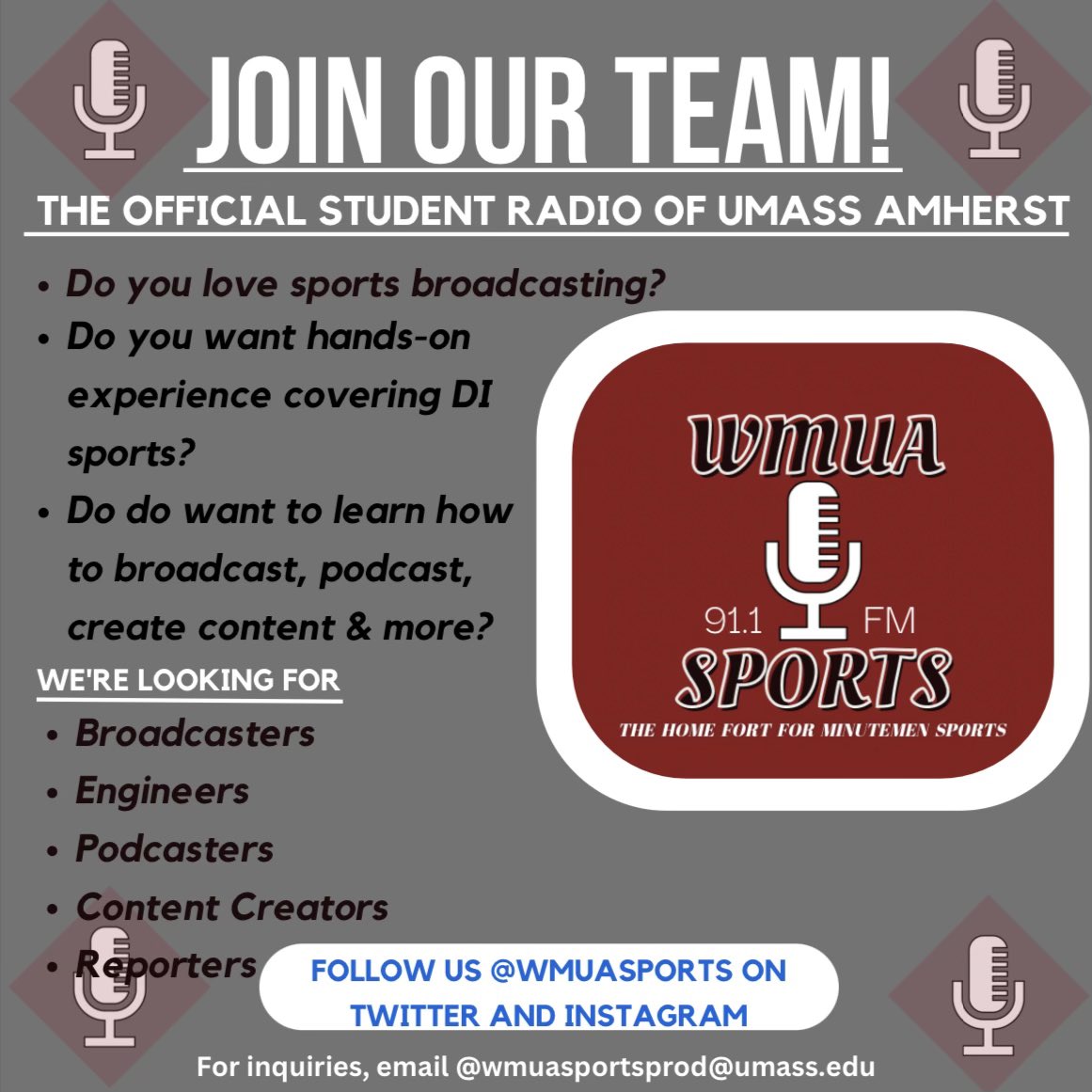 Are you interested in sports broadcasting? Then WMUA Sports is the place for you! All are welcome! Follow us and reach out for more information!