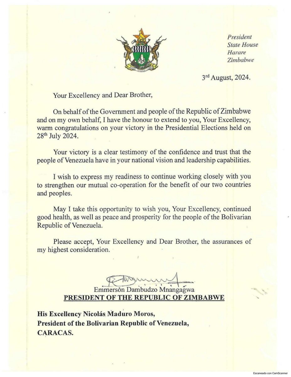 yvangil's tweet photo. El pueblo venezolano y el Gobierno de @NicolasMaduro envían un cordial saludo al Presidente de Zimbabue, Emmerson Dambudzo Mnangagwa, agradeciendo sus deseos de paz y prosperidad tras la victoria del 28 de julio. Venezuela reafirma su compromiso de fortalecer los lazos bilaterales con Zimbabue y África para el desarrollo conjunto.