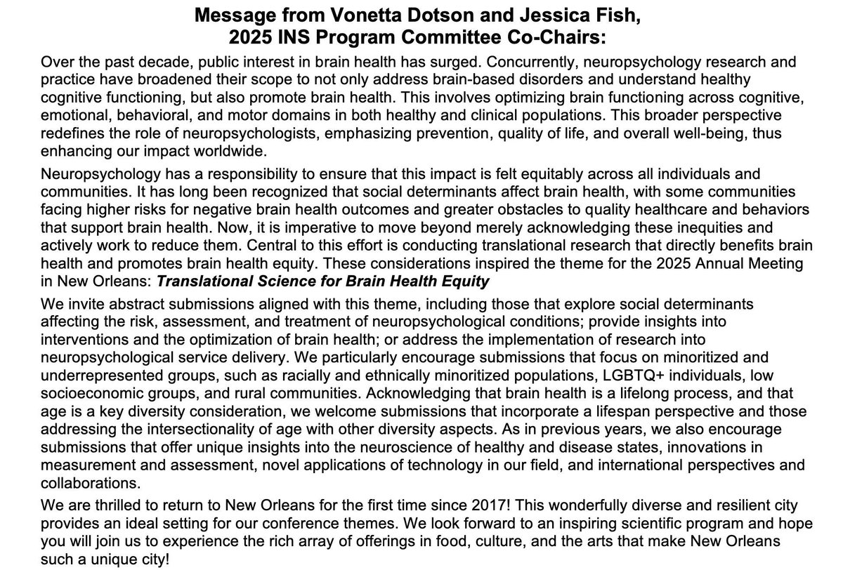 INSneuro's tweet photo. Have you read the #INS2025inNOLA Program Co-Chairs Message? Our theme is "Translational Science for Brain Health Equity" 🧠🌍 Join us to explore social determinants of brain health and address implementation into neuropsychological service delivery. Submit your abstracts by 8/15! https://t.co/t5vRvWW8YD