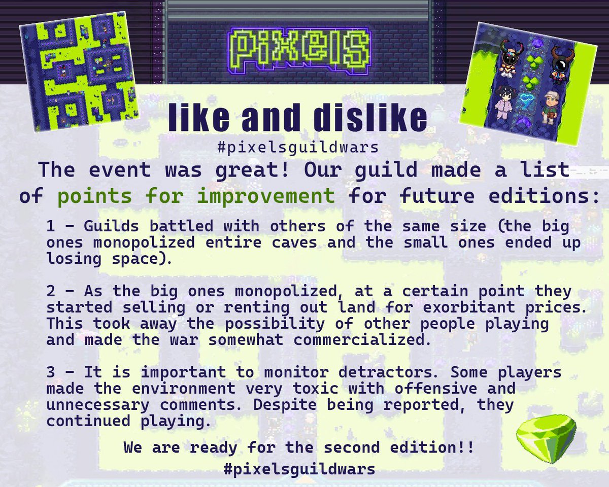 BrasilTupi's tweet photo. The #pixelsguildwars was great! 🥳💪🏻
Our guild made a list of things we really liked and points for improvement for future Editions 🤩 @pixels_online @heidichristne @whatslukedoing https://t.co/F5U02c2ZFe