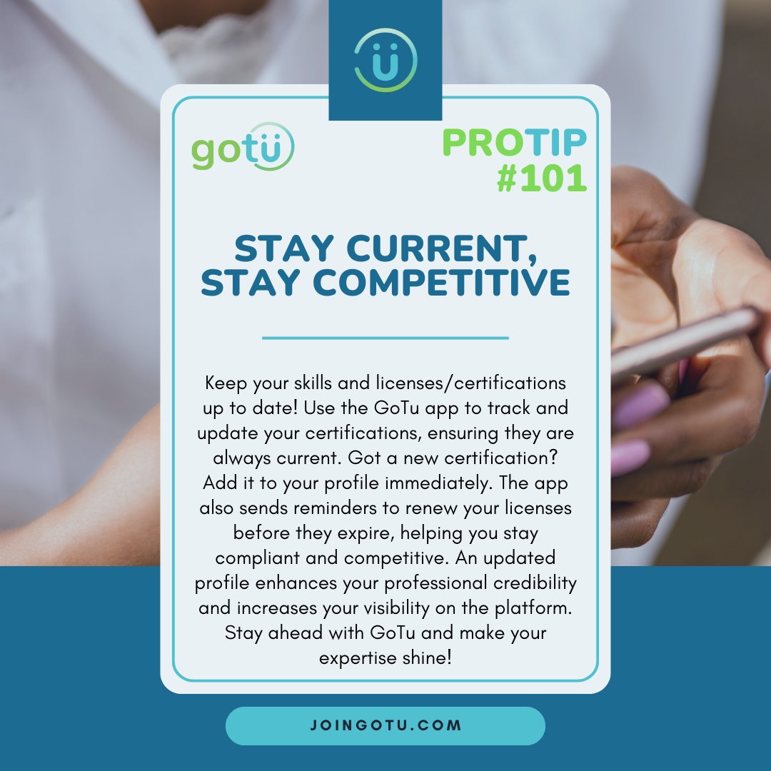 joingotu's tweet image. Stay current and competitive by keeping your certifications up to date with GoTu. An updated profile enhances your credibility. #GoTuProTip #DentalProfessionals #StayCurrent #GoTuWork #GoTuCrew