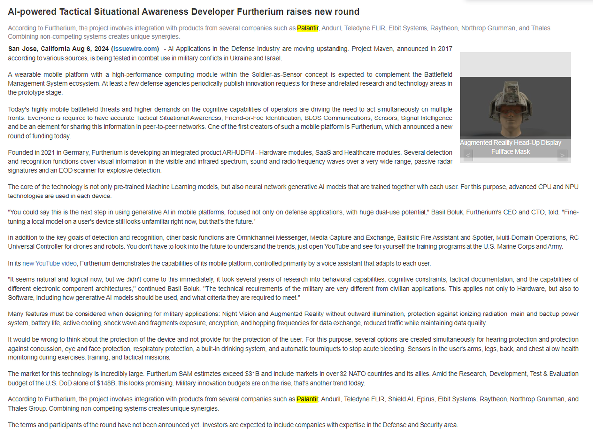 Lord_Herugrim's tweet photo. $PLTR AI-powered Tactical Situational Awareness Developer Furtherium raises new round! 👇

The project involves integration with products from several companies such as @PalantirTech, Anduril, Teledyne FLIR, Elbit Systems, Raytheon, Northrop Grumman and others. https://t.co/W5cGpE3Yl2