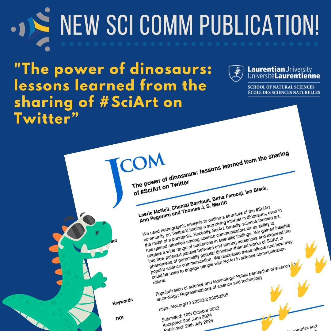 Laurentian Science Communication (@luscicomm) on Twitter photo Do you love #SciArt 🎨? #SciComm grad Laerie McNeil published “The power of dinosaurs: lessons learned from the sharing of #SciArt on Twitter” in <a href="/JsciCOM/">Journal of Science Communication (JCOM)</a>. The work explores how Sci Art (especially dino art!) was shared between audiences on X. Read it: jcom.sissa.it/article/pubid/… Do you love #SciArt 🎨? #SciComm grad Laerie McNeil published “The power of dinosaurs: lessons learned from the sharing of #SciArt on Twitter” in <a href="/JsciCOM/">Journal of Science Communication (JCOM)</a>. The work explores how Sci Art (especially dino art!) was shared between audiences on X. Read it: jcom.sissa.it/article/pubid/…