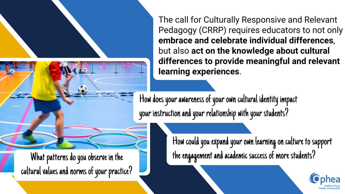 How might diverse cultural backgrounds and perspectives impact the needs of each student in your Health and Physical Education (#HPE) classroom?#CulturallyResponsiveAndRelevantPedagogy frameworks can provide answers! Learn more about implementing #CRRP: bit.ly/OpheaCRRPinHPE