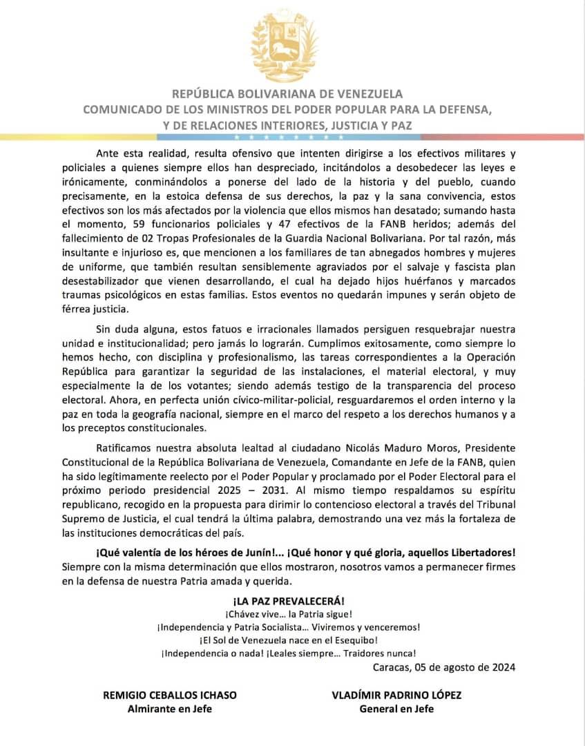 DRES_AMB's tweet image. #6Ago 📣 #IMPORTANTE 📄 Comunicado Oficial por parte del ciudadano GJ Vladímir Padrino López en unión Militar-Policial, en rechazo a planteamientos apátridas difundidos por la ultraderecha venezolana. 

@nicolasmaduro 
@padrinovladimir 
@dhernandezlarez