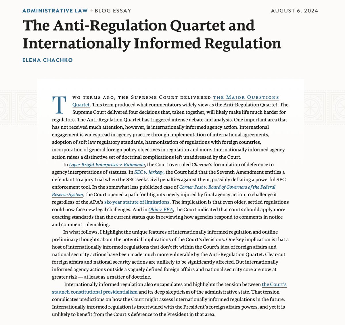 Elena Chachko (@elenachachko) on Twitter photo New short essay for <a href="/HarvLRev/">Harvard Law Review</a> on the impact of the Supreme Court's administrative law term on internationally informed agency action -- the many regulations that incorporate international standards, implement U.S. international commitments or reflect foreign policy interests. New short essay for <a href="/HarvLRev/">Harvard Law Review</a> on the impact of the Supreme Court's administrative law term on internationally informed agency action -- the many regulations that incorporate international standards, implement U.S. international commitments or reflect foreign policy interests.