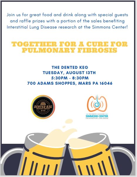 Simmons_ILD's tweet photo. One week from today!  Join us next Tuesday, August 13th from 5:30-8:30PM for this great event at The Dented Keg in Mars, PA!  @DKNYPitt @trippy_39  #IPF #PulmonaryFibrosis https://t.co/JBXOHyVCqM