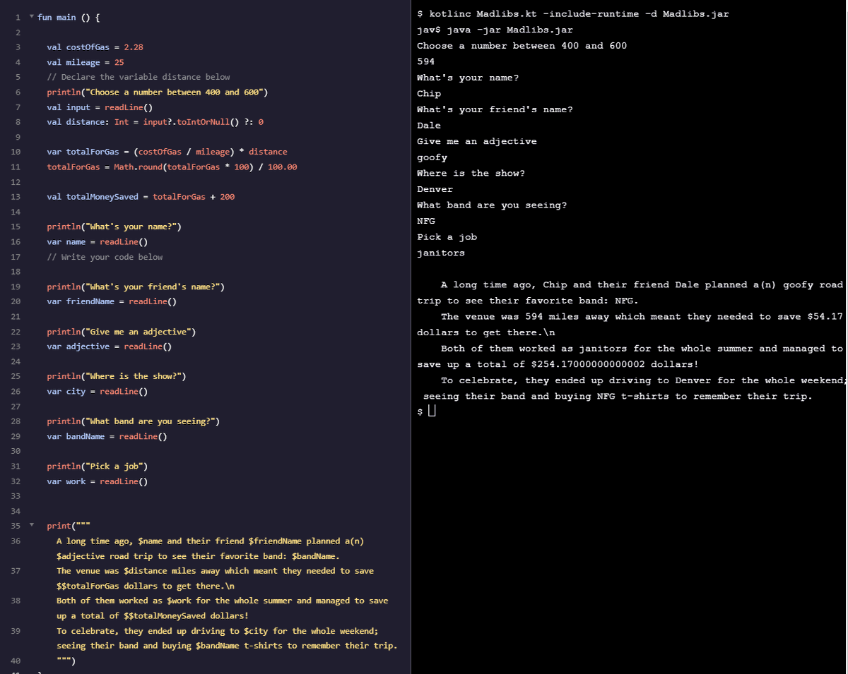keyedupdev's tweet image. Today in @Codecademy 's Kotlin course, I also built a Mad Libs game about two best bud chipmunks hustlin' to make enough money to drive across the country and see the best band in the world: @newfoundglory