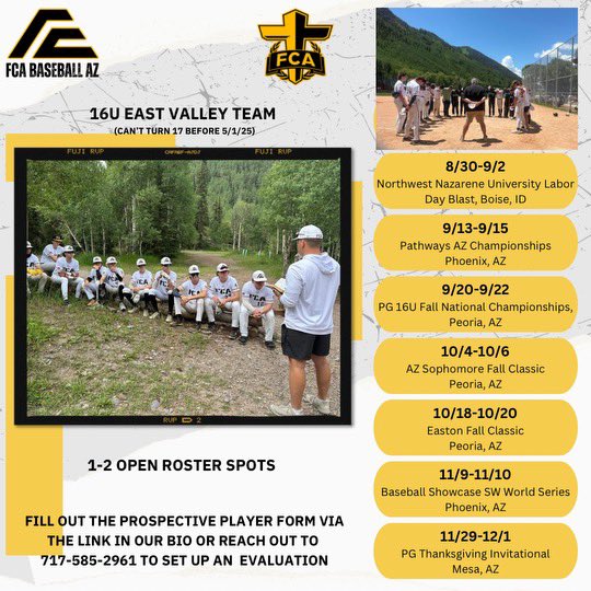 AZFCABaseball's tweet image. FCA Baseball AZ is looking to add 1-2 players to our 16U East Valley roster - fill out a player profile on the website for more info. azfca.org/arizona-fca-ba…