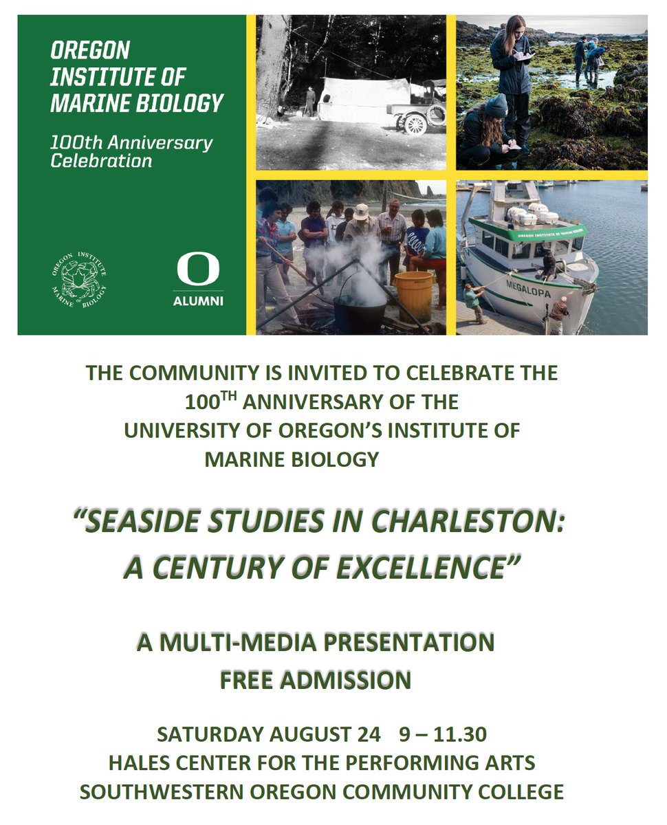 OIMB+CMLC (@uo_oimb) on Twitter photo Join us for an OIMB Centennial Celebration activity, open to the public, with free admission: A history of OIMB, "Seaside Studies in Charleston: A Century of Excellence", Saturday August 24 at the Hales Center, Southwestern Oregon Community College <a href="/swocc/">Southwestern Oregon Community College</a>! Join us for an OIMB Centennial Celebration activity, open to the public, with free admission: A history of OIMB, "Seaside Studies in Charleston: A Century of Excellence", Saturday August 24 at the Hales Center, Southwestern Oregon Community College <a href="/swocc/">Southwestern Oregon Community College</a>!