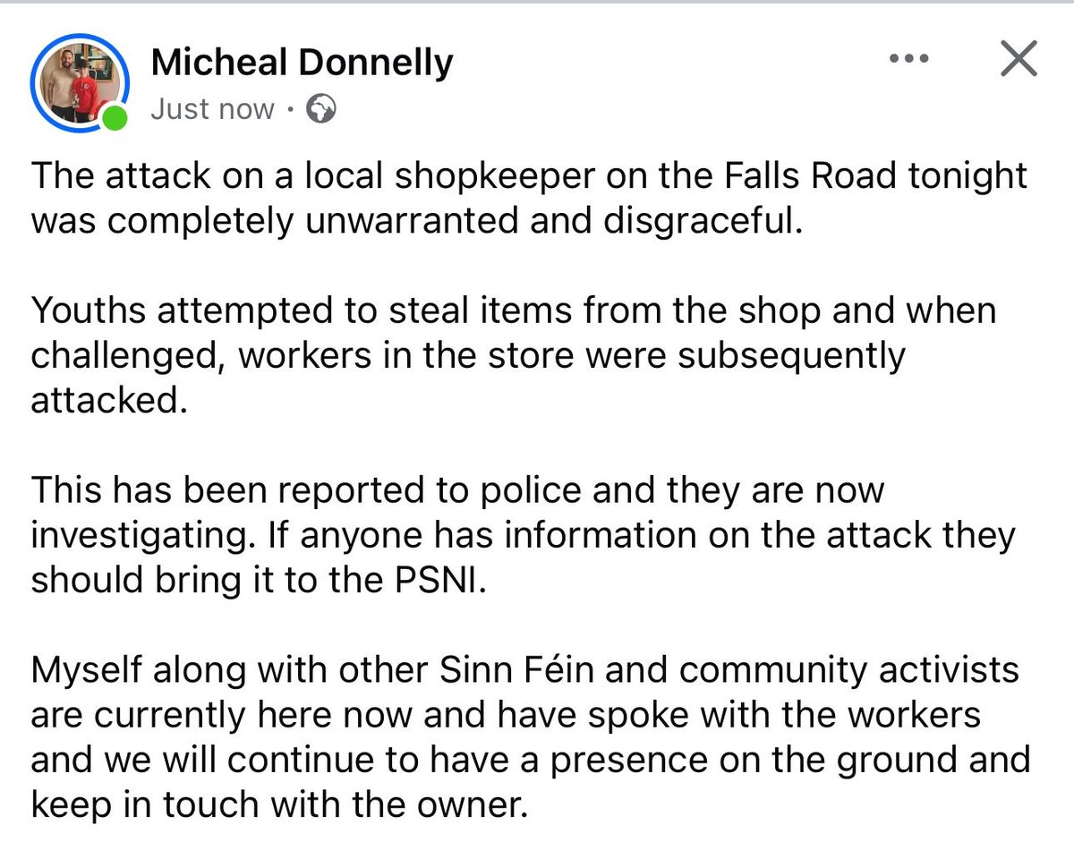 AIMWoundedKnee's tweet photo. @CallumAbroad Stop spreading shite you know nothing about.

Irish Republicans on the scene &amp; provided support to the shopkeeper.

No space for racism on the Falls Road. Will be challenged wherever it comes from!

No Pasarán ✊ https://t.co/PZKi9pi6J2