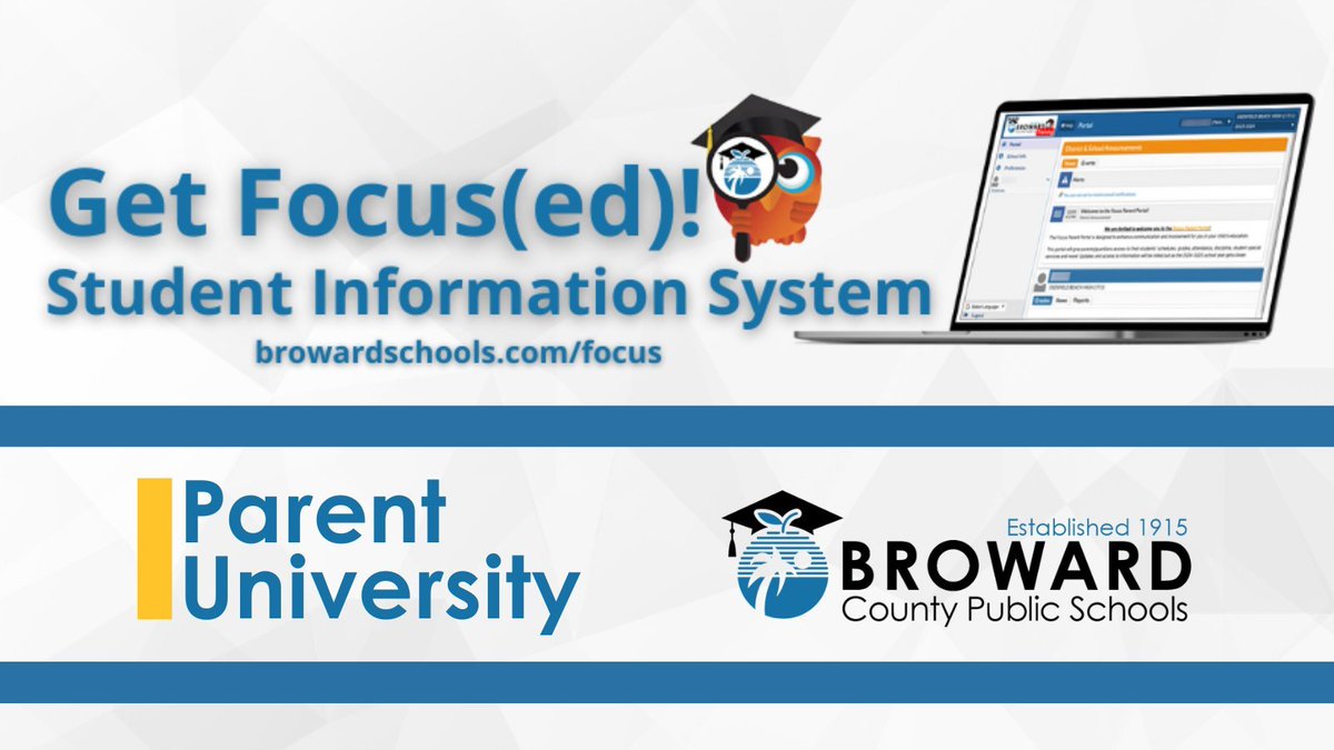 It’s almost time for Back-to-School! Join District staff for Parent University, Aug. 7, 6:30 p.m., to learn about the new Focus Parent Portal being launched for the 2024/25 school year. Parents must register to use the portal. Visit browardschools.com/parentuniversi… for more. 

Rantre