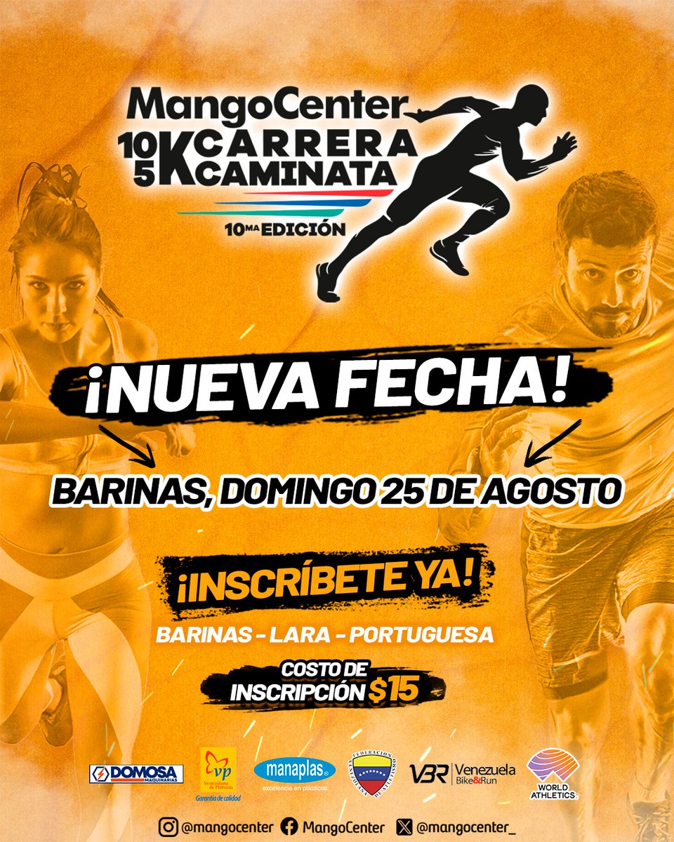 MangoCenter_'s tweet image. 🚨COMUNICADO OFICIAL

10ma. Edición de la Carrera Caminata REPROGRAMADA

‼️Nueva fecha: DOMINGO 25 DE AGOSTO DE 2.024 a las 7:00 a.m.

#MangoCenter #CarreraCaminata #Barinas