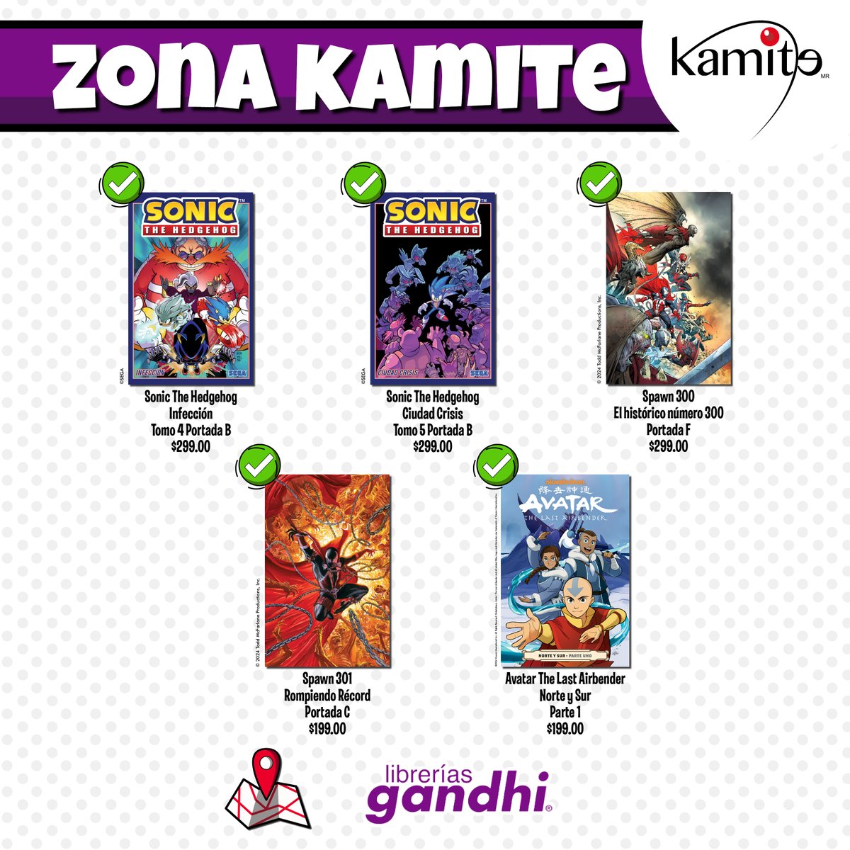 Kamite5's tweet photo. ¡Más de nuestros increíbles títulos llegan a @LibreriasGandhi!📚✨
En el mundo de los #cómics, llegan títulos como #SonictheHedgehog 🦔, #Spawn300, #Spawn301, #Maw, #AvatarthelastAirbender 🔥🌊, #Sevensons, #Invincible, #TMNT🐢, entre otros.
¡La acción y la aventura los esperan! https://t.co/CnyHw0fiDA