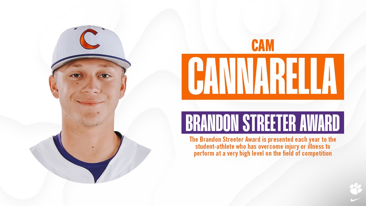Clemson Baseball (@clemsonbaseball) on Twitter photo ๐ช <a href="/CamCannarella/">cam cannarella</a> is the winner of the 2023-24 Brandon Streeter Award, presented to a <a href="/ClemsonTigers/">Clemson Athletics</a> student-athlete who overcomes injury or illness to perform at a high level.
Cannarella suffered a shoulder injury in the fourth game of 2024 & had an All-America season. ๐ค ๐ฏ ๐ช <a href="/CamCannarella/">cam cannarella</a> is the winner of the 2023-24 Brandon Streeter Award, presented to a <a href="/ClemsonTigers/">Clemson Athletics</a> student-athlete who overcomes injury or illness to perform at a high level.
Cannarella suffered a shoulder injury in the fourth game of 2024 & had an All-America season. ๐ค ๐ฏ