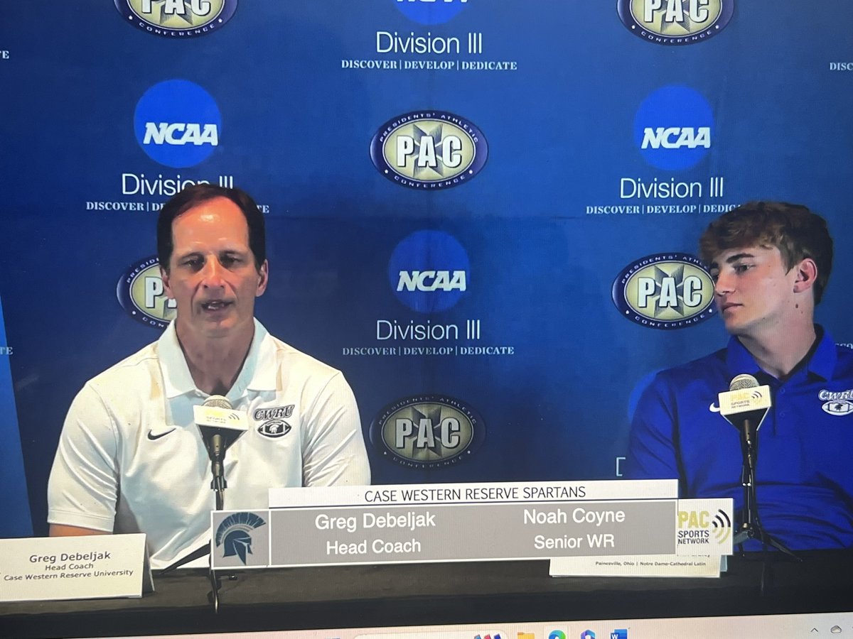 Now at the podium is <a href="/CWRUFootball/">CWRU Football</a> HC Greg Debeljak and SR WR Noah Coyne #d3fb