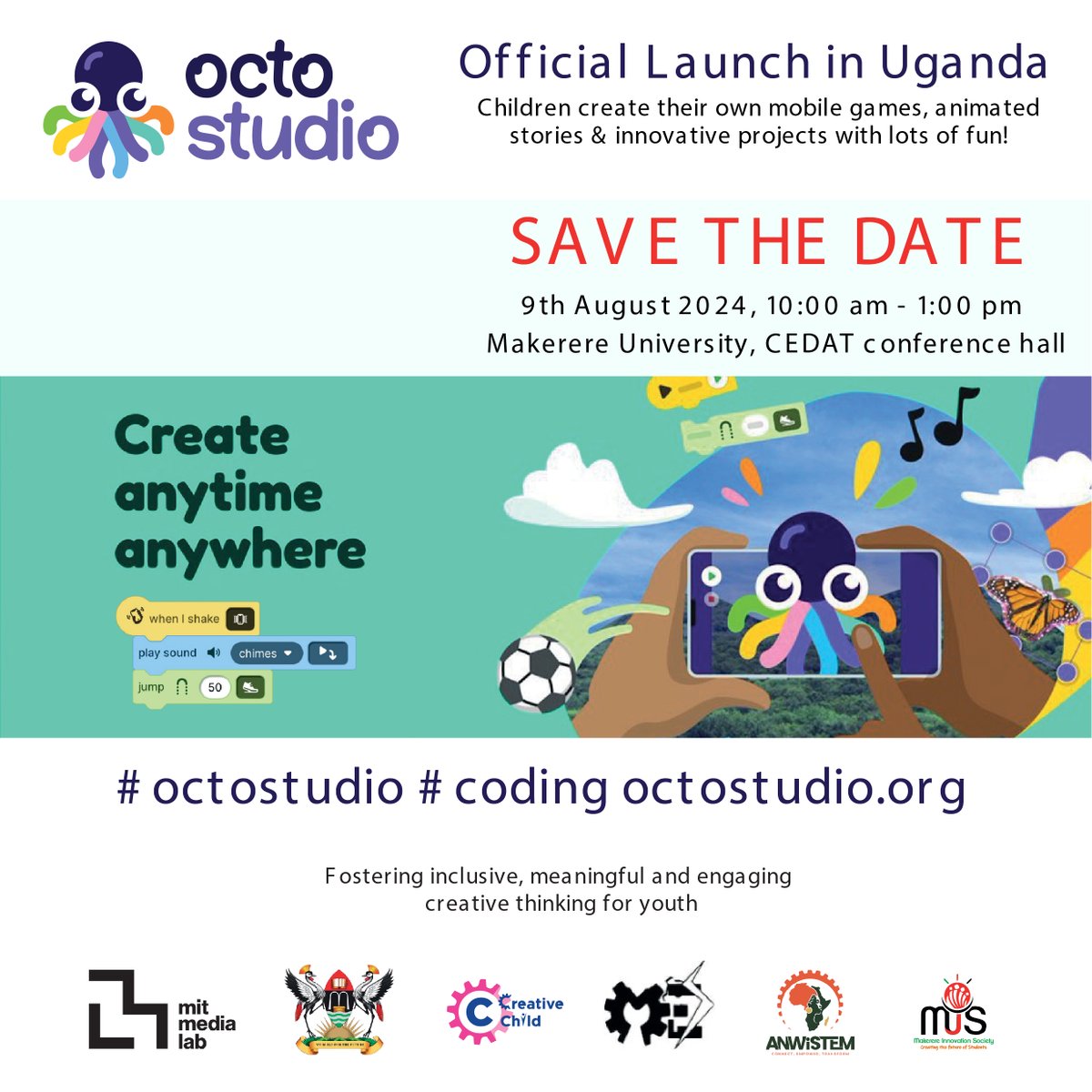 Creative Child Foundation🤗 (@creativechildf) on Twitter photo Super excited about the #launch of <a href="/OctoStudioApp/">OctoStudio</a> in Uganda🇺🇬 this Friday! 🎉 To learn how to build your own animations & games on your phone - anytime, anywhere, register to create with us on launch day: bit.ly/octostudio 📱
#OctoStudio #CreateWithCode #Uganda Super excited about the #launch of <a href="/OctoStudioApp/">OctoStudio</a> in Uganda🇺🇬 this Friday! 🎉 To learn how to build your own animations & games on your phone - anytime, anywhere, register to create with us on launch day: bit.ly/octostudio 📱
#OctoStudio #CreateWithCode #Uganda