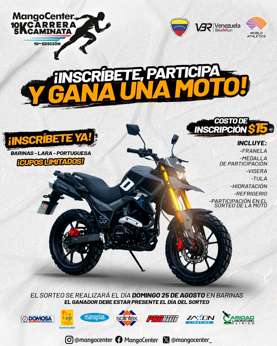 MangoCenter_'s tweet image. ¡Gánate una moto!

Con la inscripción en la Carrera/Caminata estarás participando por una Moto Bera DT200 que se sorteará al final del evento con el publico presente.

#MangoCenter #Barinas